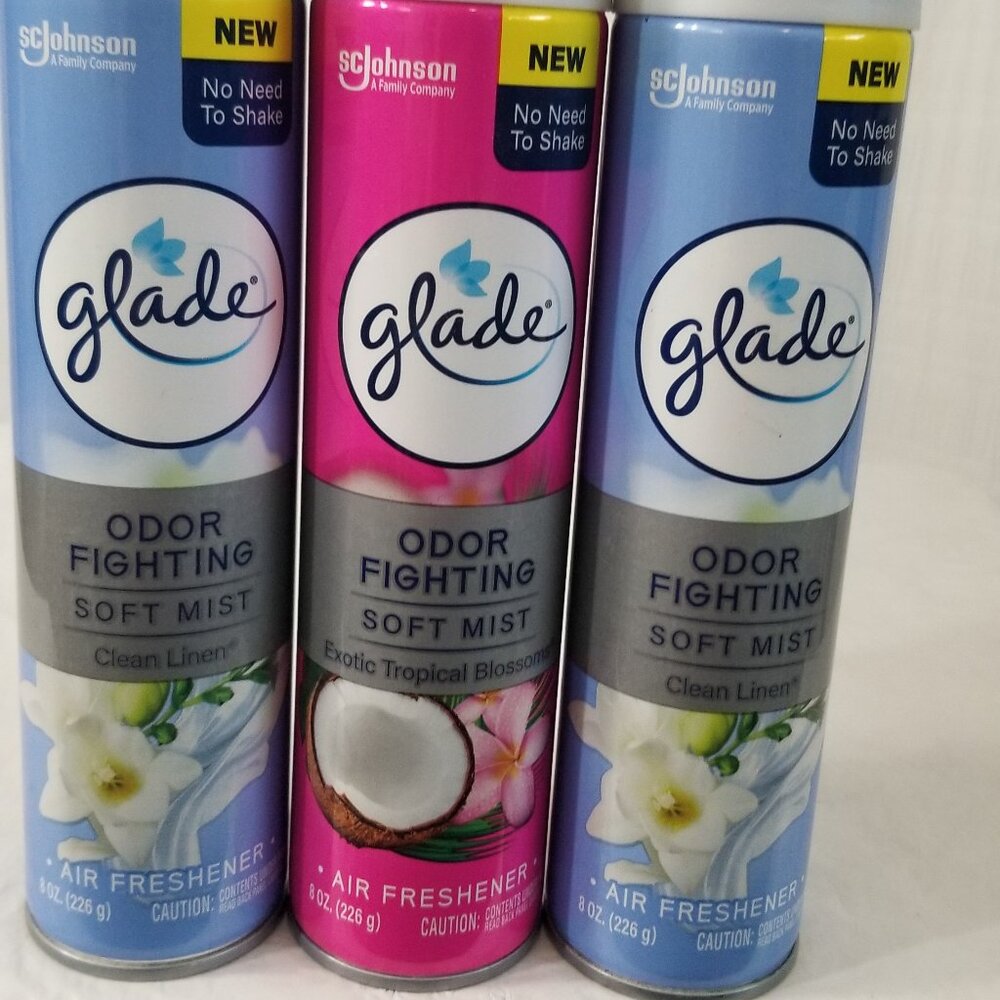 Glade 3 Cans odor fighting soft Mist Air freshener Exotic Tropical Clean Linen